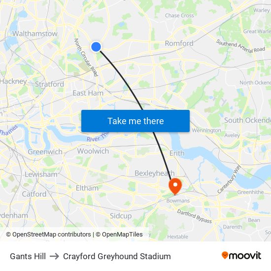 Gants Hill to Crayford Greyhound Stadium map