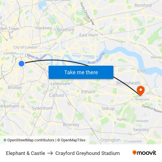 Elephant & Castle to Crayford Greyhound Stadium map