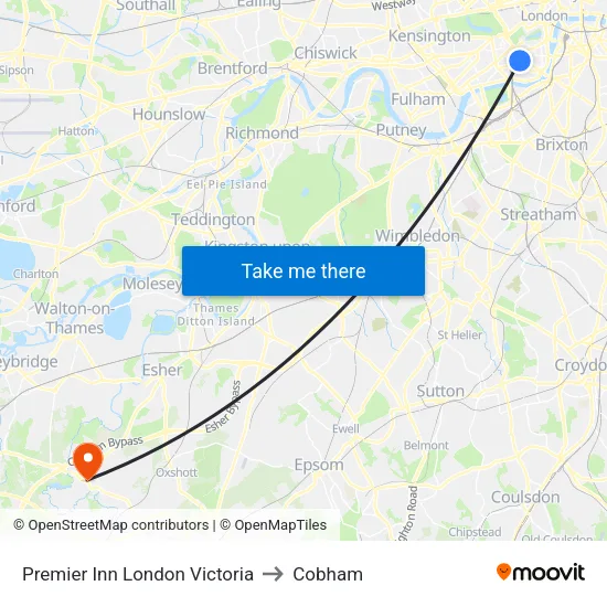 Premier Inn London Victoria to Cobham map