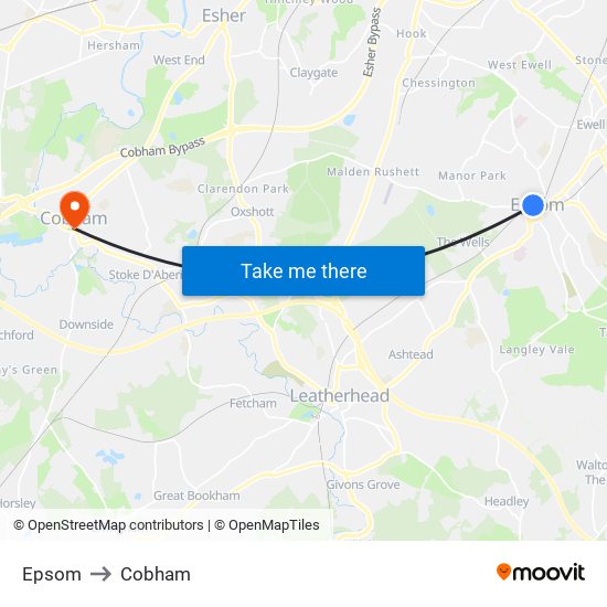 Epsom to Cobham map