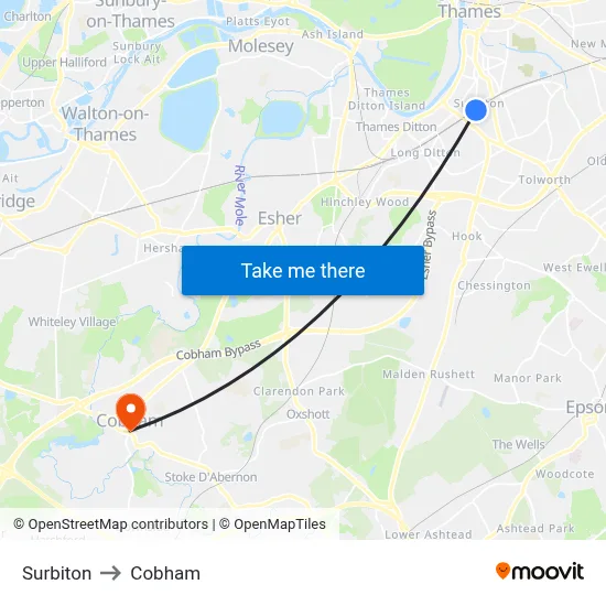 Surbiton to Cobham map