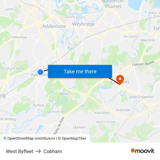 West Byfleet to Cobham map