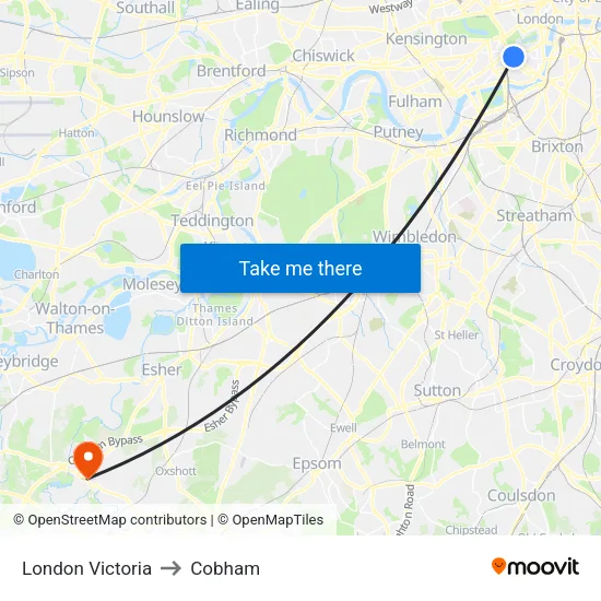 London Victoria to Cobham map