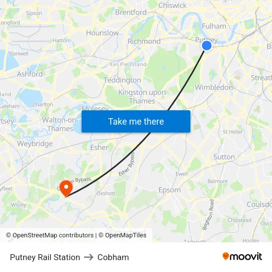 Putney Rail Station to Cobham map