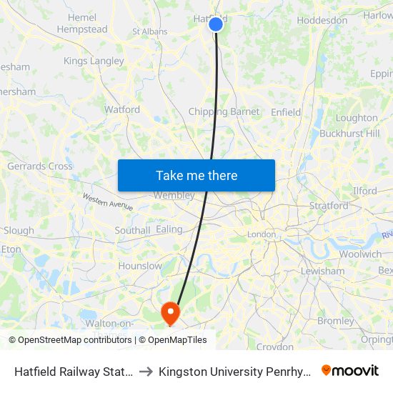 Hatfield Railway Station, Hatfield to Kingston University Penrhyn Road Campus map