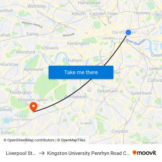 Liverpool Street to Kingston University Penrhyn Road Campus map