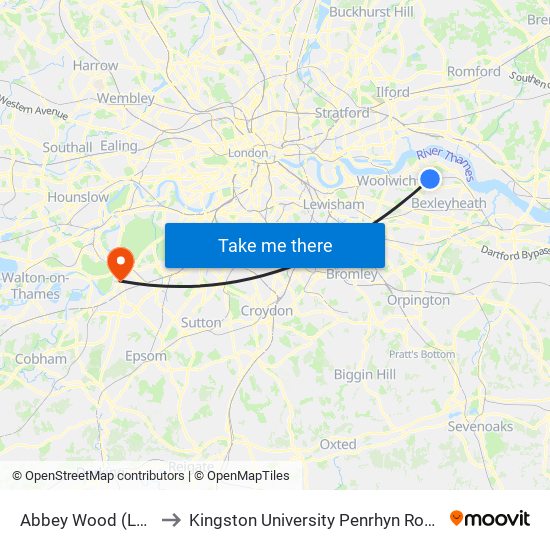 Abbey Wood (London) to Kingston University Penrhyn Road Campus map