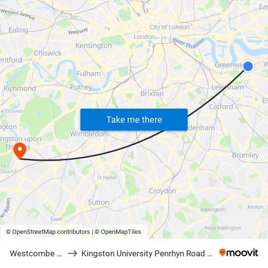 Westcombe Park to Kingston University Penrhyn Road Campus map