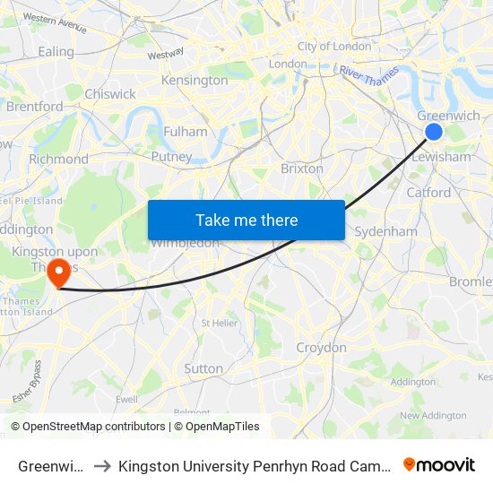 Greenwich to Kingston University Penrhyn Road Campus map