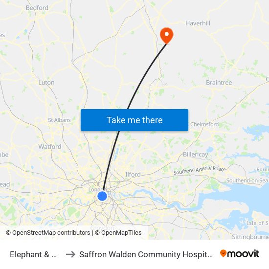 Elephant & Castle to Saffron Walden Community Hospital (No A&E) map