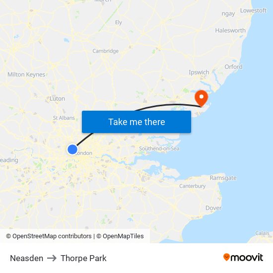 Neasden to Thorpe Park map