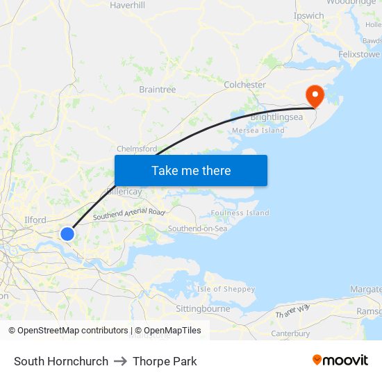 South Hornchurch to Thorpe Park map