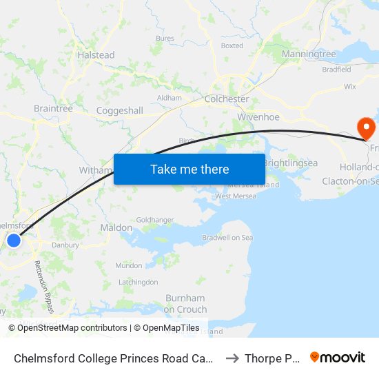 Chelmsford College Princes Road Campus to Thorpe Park map