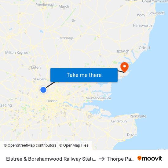 Elstree & Borehamwood Railway Station to Thorpe Park map