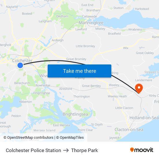 Colchester Police Station to Thorpe Park map