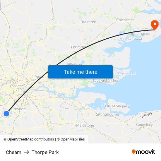 Cheam to Thorpe Park map