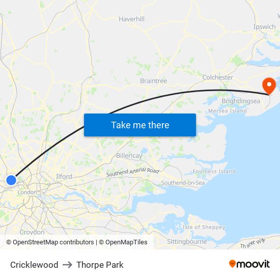 Cricklewood to Thorpe Park map