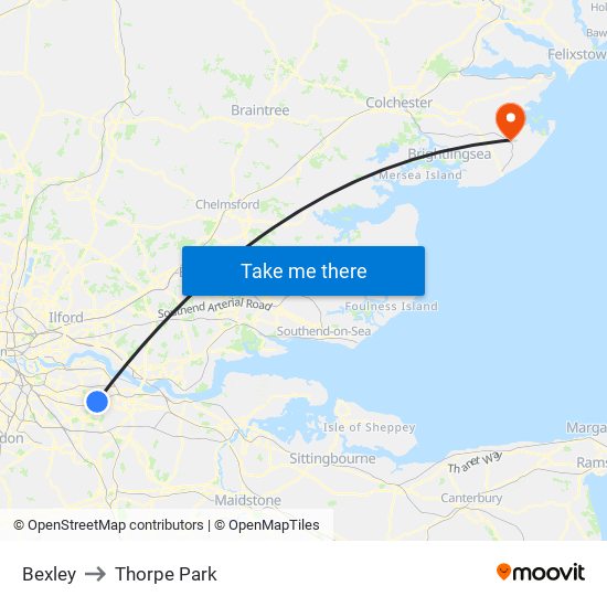 Bexley to Thorpe Park map