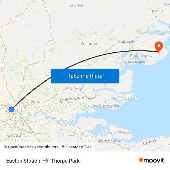 Euston Station to Thorpe Park map