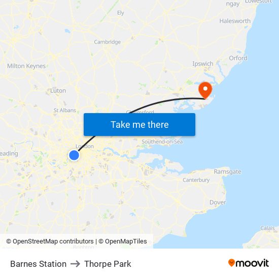 Barnes Station to Thorpe Park map
