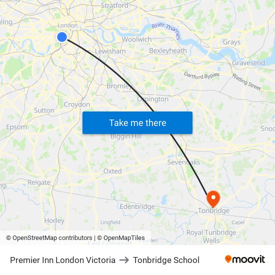 Premier Inn London Victoria to Tonbridge School map