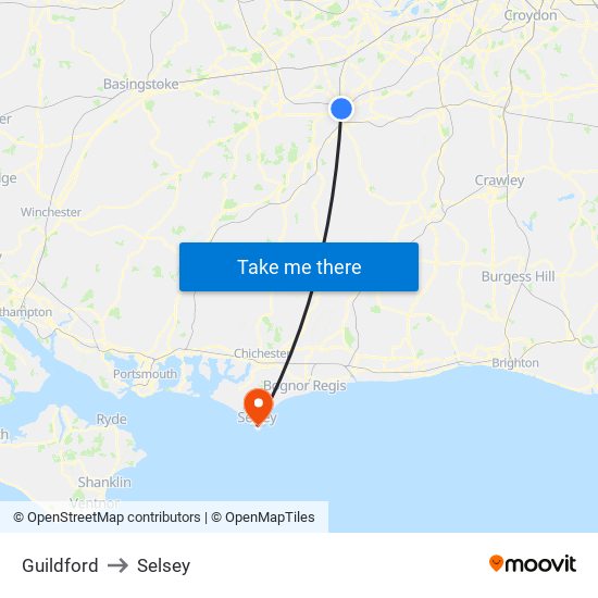 Guildford to Selsey map