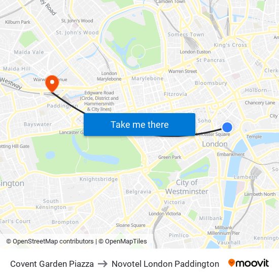 Covent Garden Piazza to Novotel London Paddington map