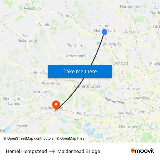 Hemel Hempstead to Maidenhead Bridge map