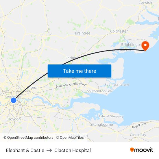 Elephant & Castle to Clacton Hospital map
