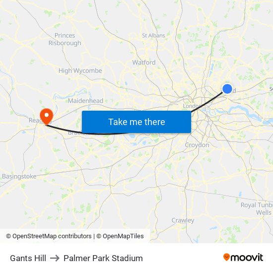 Gants Hill to Palmer Park Stadium map