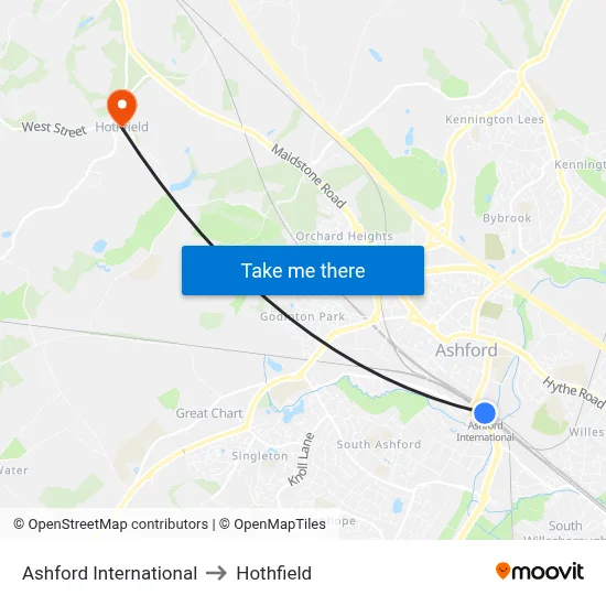 Ashford International to Hothfield map