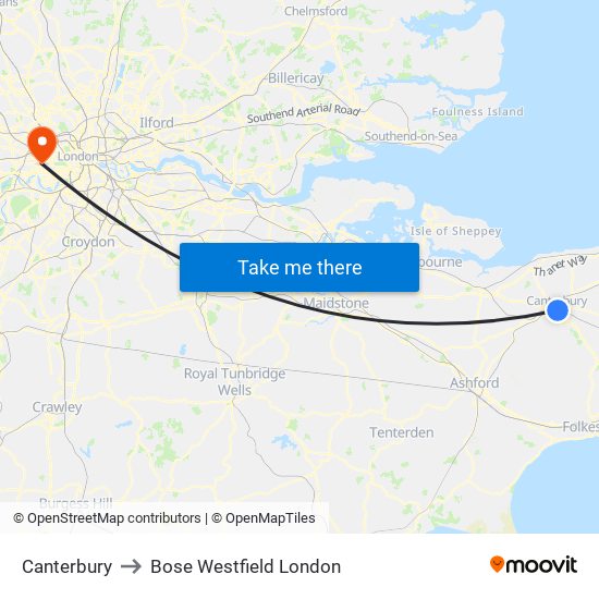 Canterbury to Bose Westfield London map