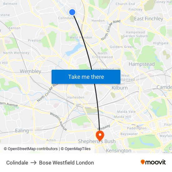 Colindale to Bose Westfield London map