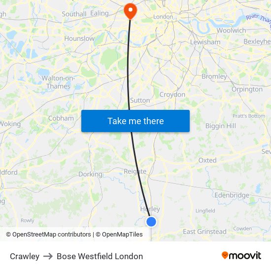 Crawley to Bose Westfield London map