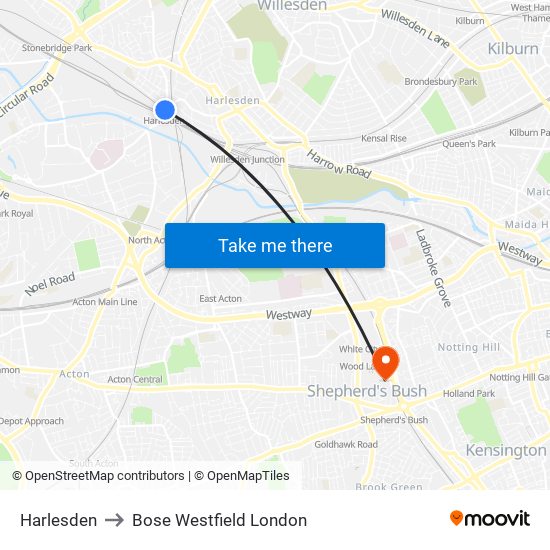 Harlesden to Bose Westfield London map