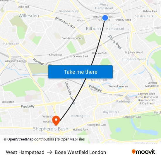 West Hampstead to Bose Westfield London map