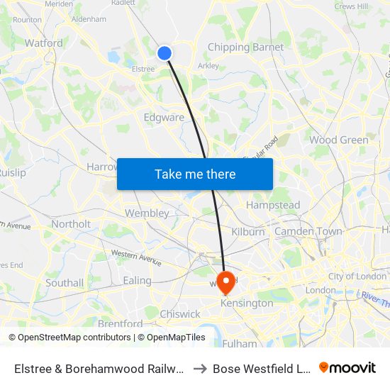 Elstree & Borehamwood Railway Station to Bose Westfield London map