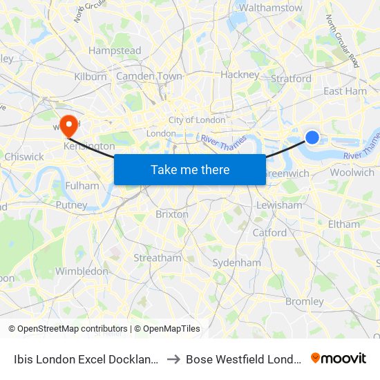 Ibis London Excel Docklands to Bose Westfield London map