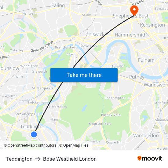 Teddington to Bose Westfield London map