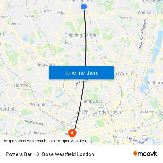 Potters Bar to Bose Westfield London map