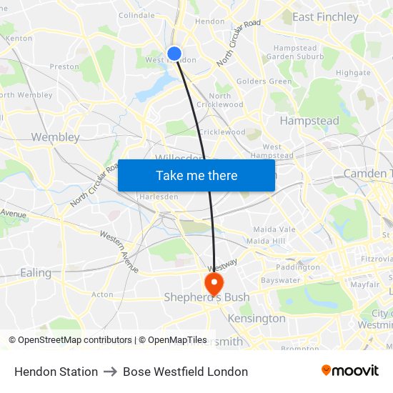 Hendon Station to Bose Westfield London map