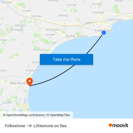 Folkestone to Littlestone on Sea map