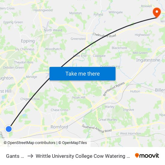 Gants Hill to Writtle University College Cow Watering Campus map