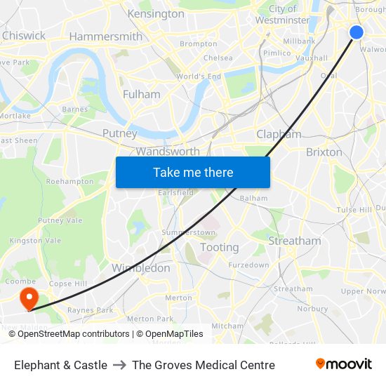 Elephant & Castle to The Groves Medical Centre map