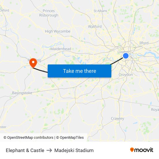 Elephant & Castle to Madejski Stadium map