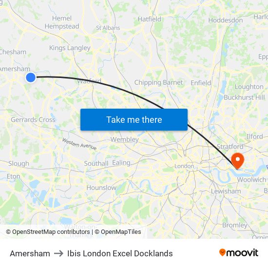 Amersham to Ibis London Excel Docklands map