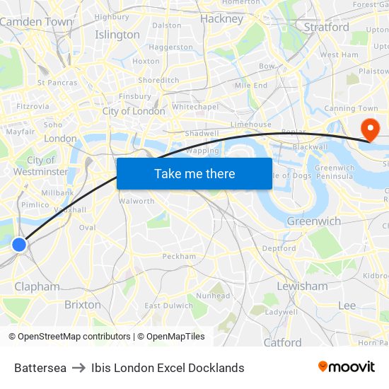 Battersea to Ibis London Excel Docklands map