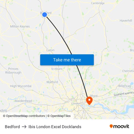 Bedford to Ibis London Excel Docklands map
