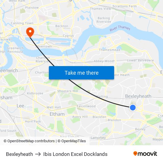 Bexleyheath to Ibis London Excel Docklands map