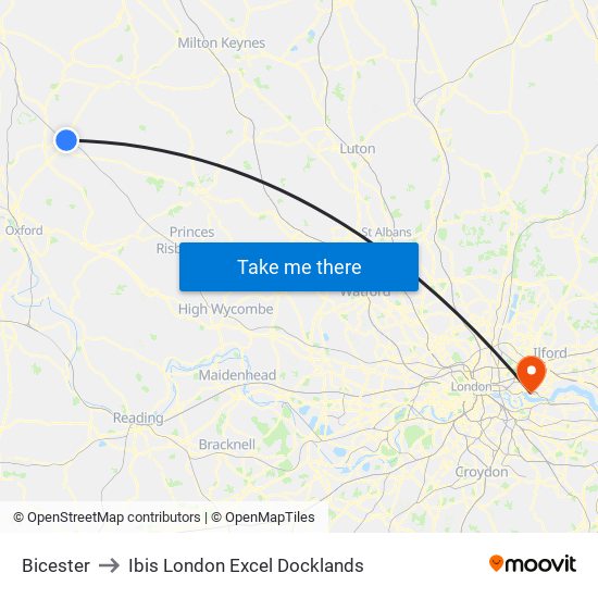 Bicester to Ibis London Excel Docklands map